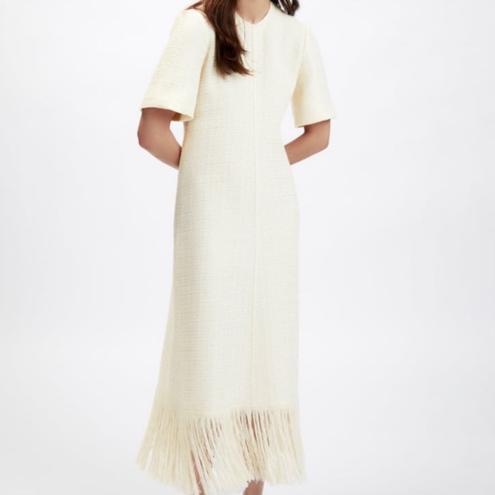 ZARA Bloggers Favorite Ecru Textured Weave Tweed Fringe Hem Midi Dress SZ S